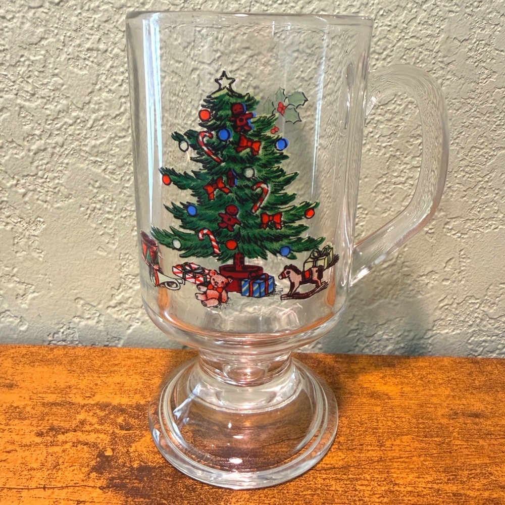 VTG Christmas Tree Glass Irish Coffee Mug Cup Pedestal Stemmed Holly Berry Retro
